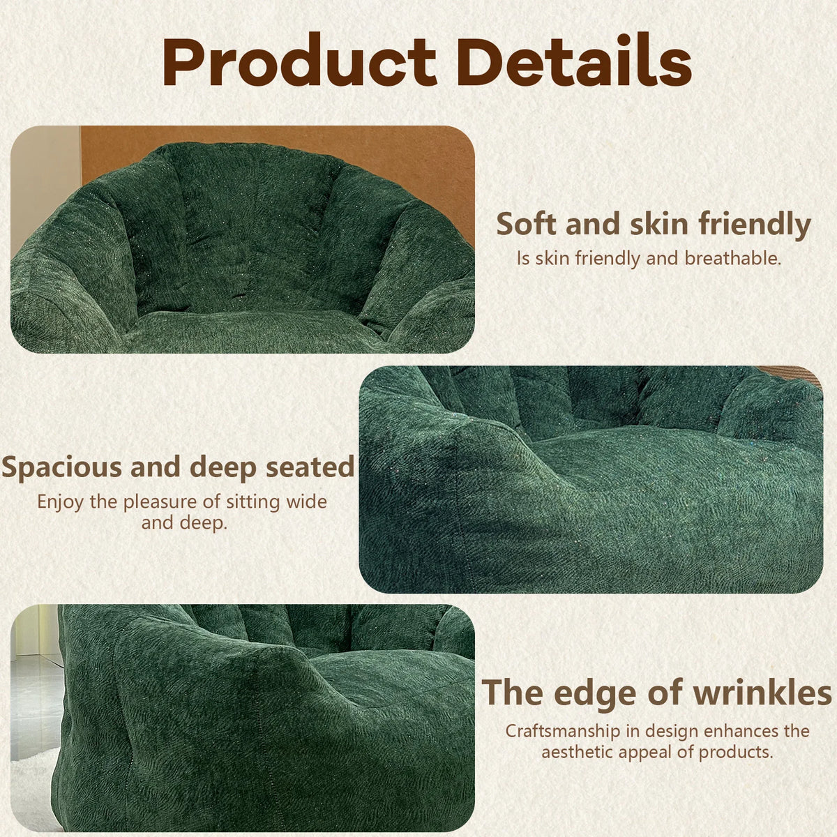 Adult bean bag chair, ultra-large, boneless sofa; reading chair with rabbit fur fabric; living room furniture, memory foam lazy