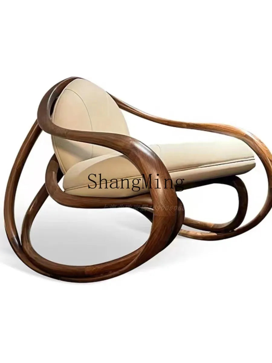 FG black walnut leather balcony lazy chair villa living room leisure solid wood rocking chair