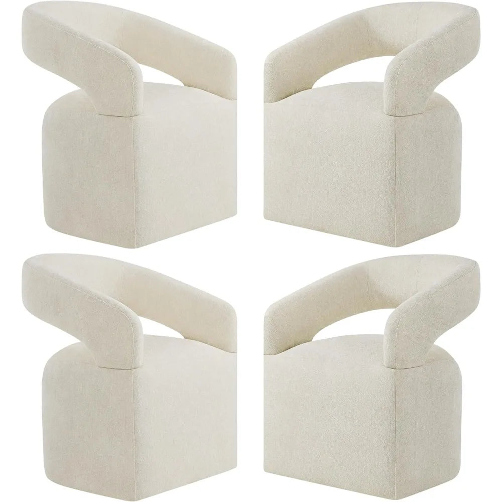 4-PCS Upholstered Dining Chairs with Casters, Cream Barrel Armchairs on Rollers for Multi-Room Use