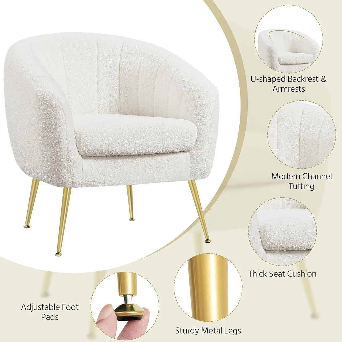 Sherpa Fabric Accent Chair, Modern Cozy Vanity Chair with Gold Metal Legs, Boucle Fabric Armchair with Removable, Customized