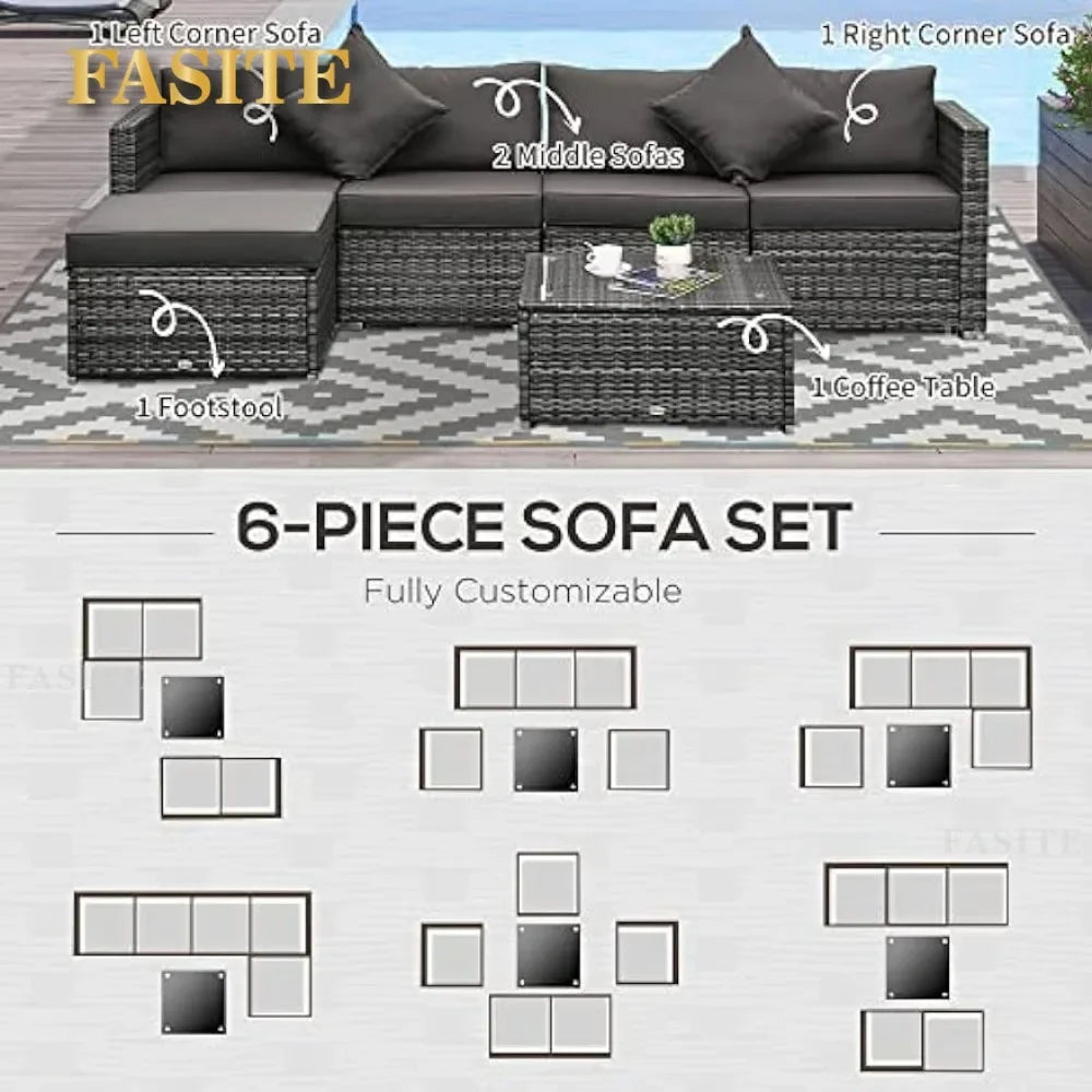 6 Piece Patio Furniture Set  Wicker All Weather PE Rattan Sectional Sofa Set, and Tempered Glass Table,Mixed Gray and Charcoal