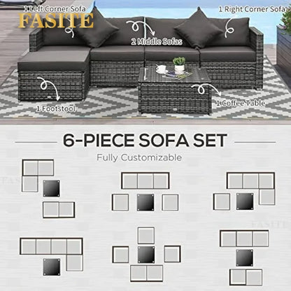 6 Piece Patio Furniture Set  Wicker All Weather PE Rattan Sectional Sofa Set, and Tempered Glass Table,Mixed Gray and Charcoal
