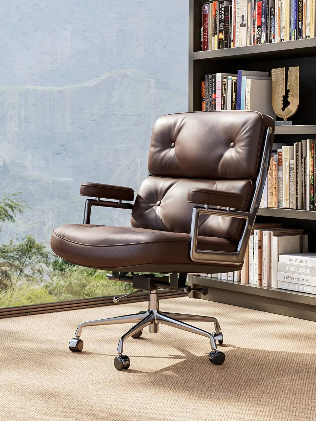 Ergonomic Office Chair Genuine Leather with Aluminum Arms and Wheels for Support Rolling Swivel Business Executive Office Chair