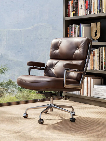Ergonomic Office Chair Genuine Leather with Aluminum Arms and Wheels for Support Rolling Swivel Business Executive Office Chair