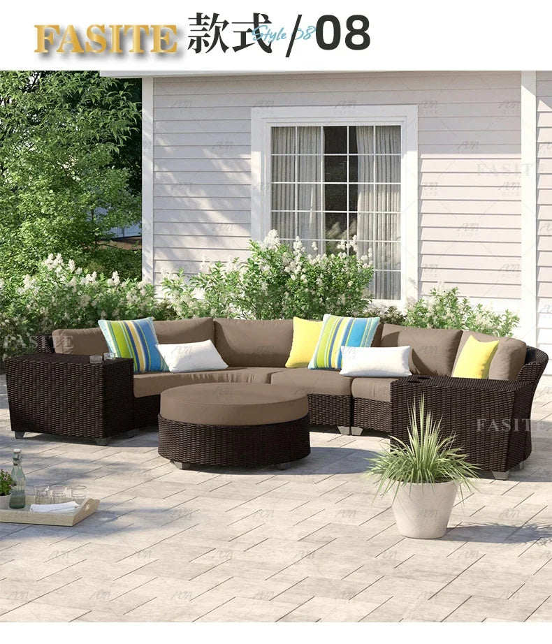 Sofa, courtyard, garden, leisure, outdoor living room, semi circular curved rattan chair, terrace, outdoor furniture combination