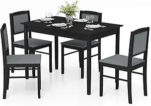 Tangkula Dining Table Set for 4, Farmhouse Solid Wood Dinette Set w/Rubber Wood Legs, Upholstered Seat & Padded Backrest, Mid-Ce