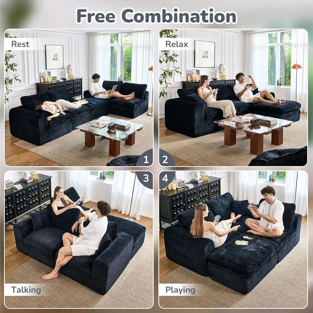 108 L-Shape Sectional Sofa with Ottoman, 3 Seater Deep Seat Cloud Sofa (Black)