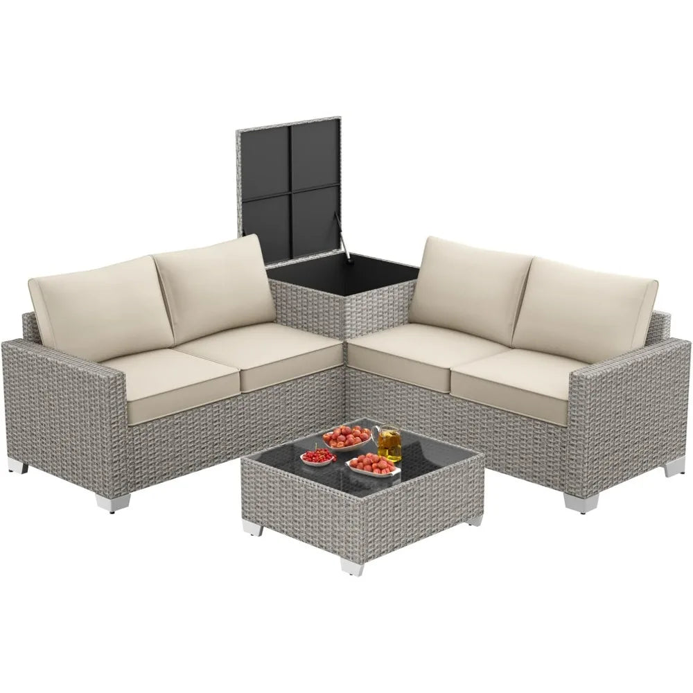 4-Seater All-Weather Outdoor Patio Furniture Set with Storage & Table, L-Shaped Sectional Sofa & Corner Couch - PE Rattan Wicker