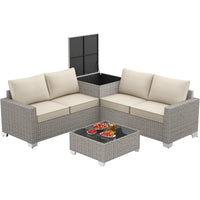 4-Seater All-Weather Outdoor Patio Furniture Set with Storage & Table, L-Shaped Sectional Sofa & Corner Couch - PE Rattan Wicker