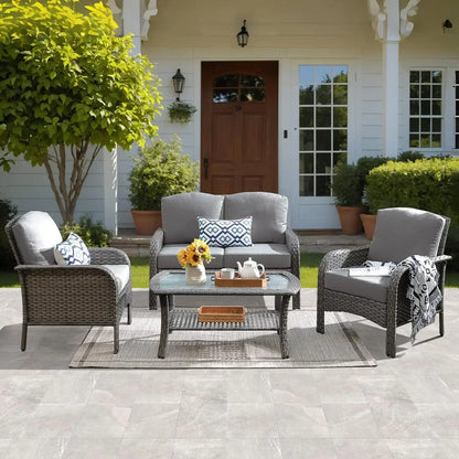 HOT-4 Pieces Patio Furniture Set, Outdoor Wicker Sofa with Coffee Table, Chairs, All Weather High Back  Couch Cushions, Dark Gre