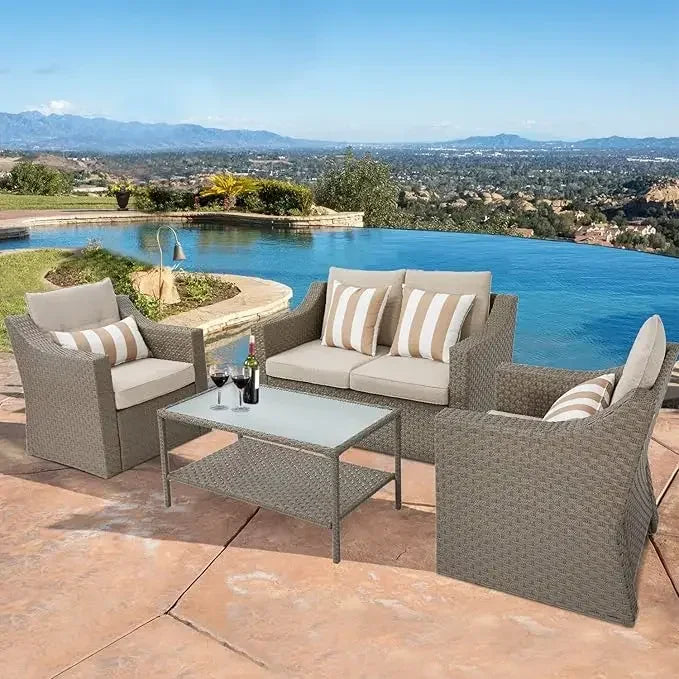 Outdoor Patio Furniture Conversation Set Rattan Wicker Chairs and Glass Top Table All-Weather and Thick Cushions