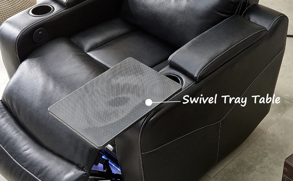 Power Recliner Chair With LED Light, USB Port, Cup Holder Tray Table Faux Leather Electric Reclining Chair Home Theater Seating