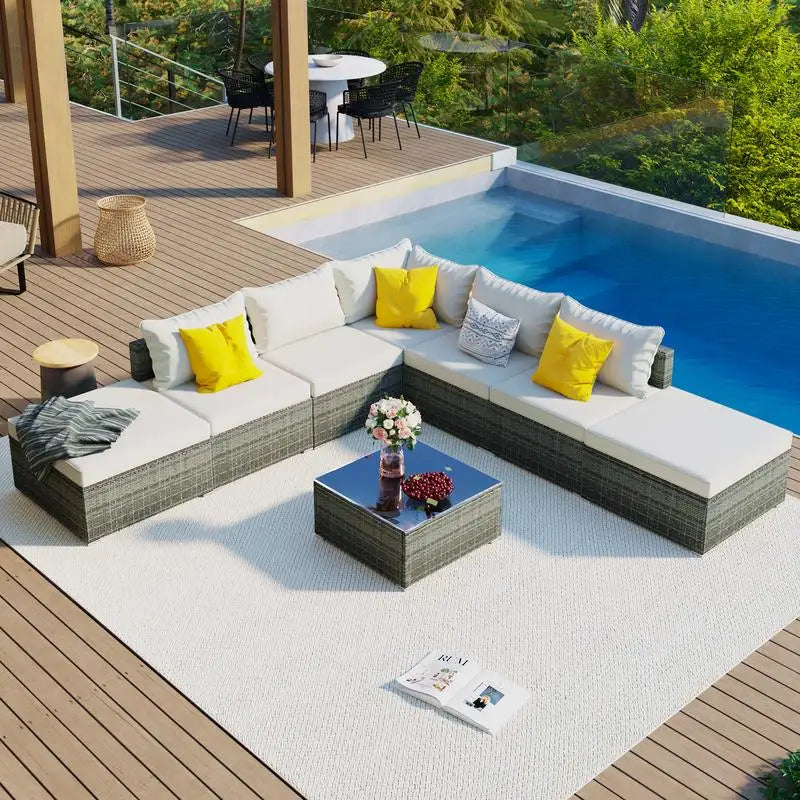 8-Piece Outdoor Patio Furniture Set, Garden Conversation Wicker Sofa, Combinable Single Sofas with Beige Cushions and Gray