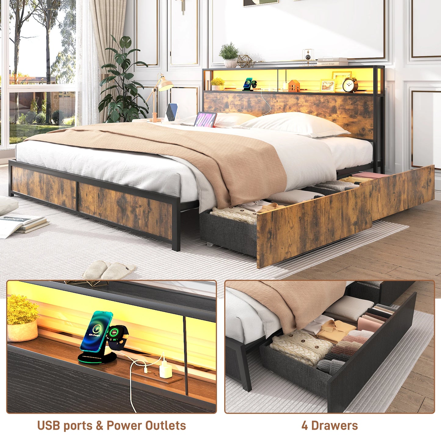 LED Bed Frame Full/QueenKing Size with 2 USB Ports and Outlets, Platform Metal Bed Frame with 4 Storage Drawers and Headboard
