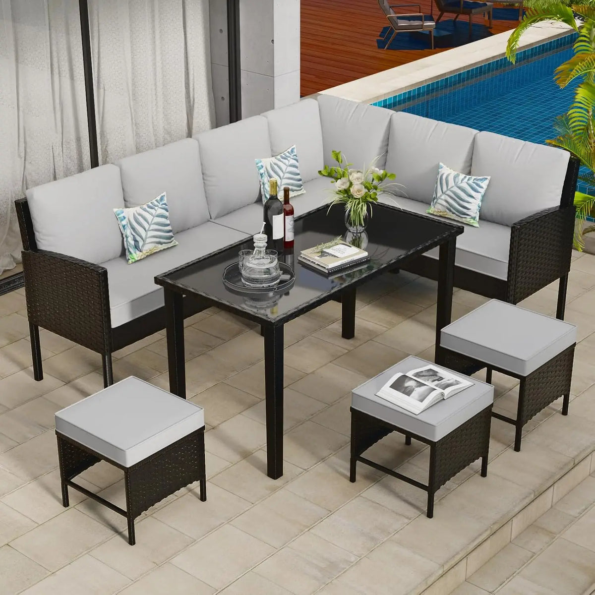 7-Piece Patio Furniture Set, Outdoor Couch with Dining Table & Ottomans, PE Rattan Sofa Set with Cushions for Deck, Yard, Poolsi