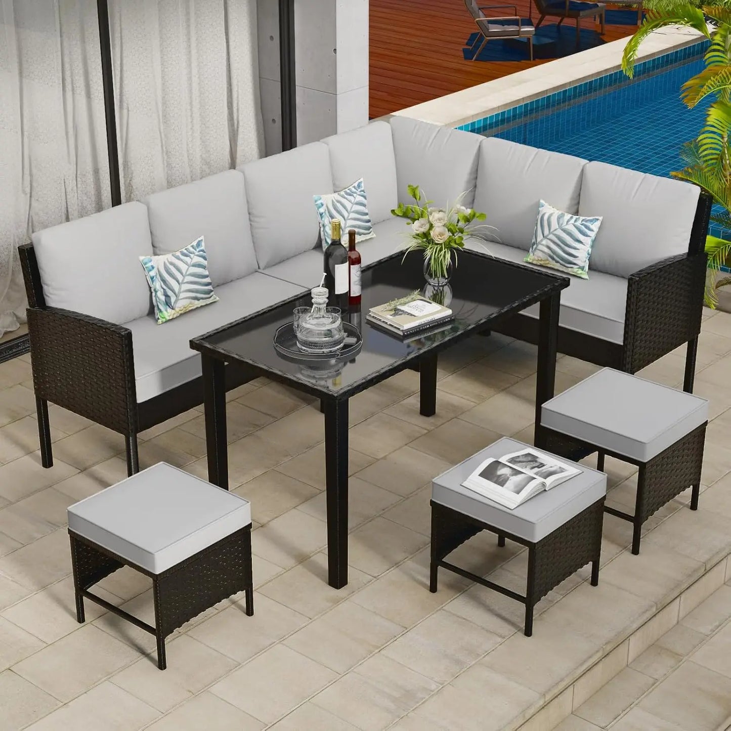 7-Piece Patio Furniture Set, Outdoor Couch with Dining Table & Ottomans, PE Rattan Sofa Set with Cushions for Deck, Yard, Poolsi