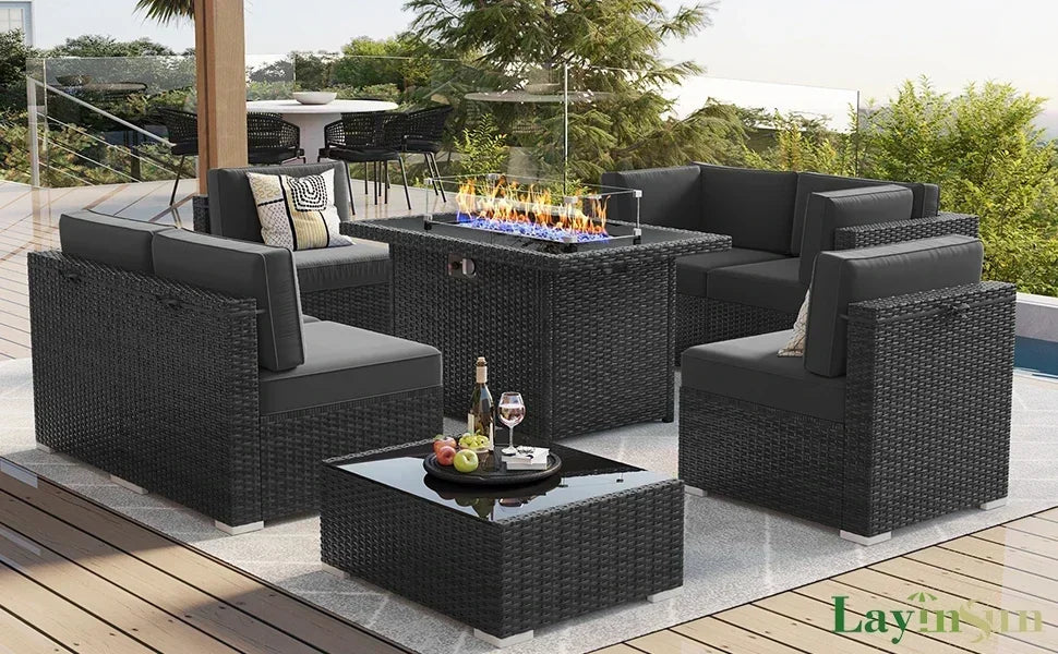 PatioLix 8 Piece Patio Furniture with 44"Propane Gas Fire Pit Table. Outdoor Sectional Conversation Set Wicker Rattan Sofa