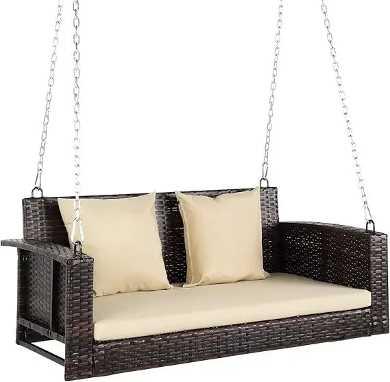 #For Heavy Duty 800 LBS Wicker Hanging Porch Swing with Cushions & Chains,  Outdoor Rattan Swing Bench for Garden, Yard&