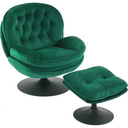 Green Velvet Swivel Chair and Ottoman Set for Living Room, Reading, TV Area, or Bedroom with 360-Degree Rotation