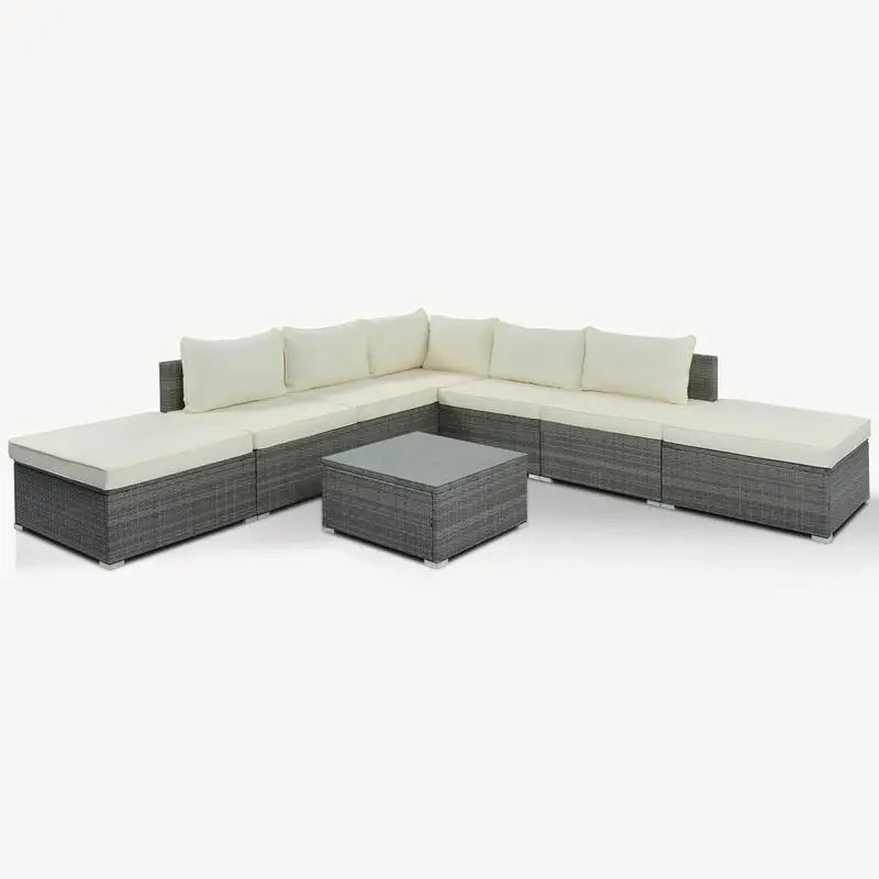 8-Piece Outdoor Patio Furniture Set, Garden Conversation Wicker Sofa, Combinable Single Sofas with Beige Cushions and Gray