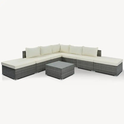 8-Piece Outdoor Patio Furniture Set, Garden Conversation Wicker Sofa, Combinable Single Sofas with Beige Cushions and Gray