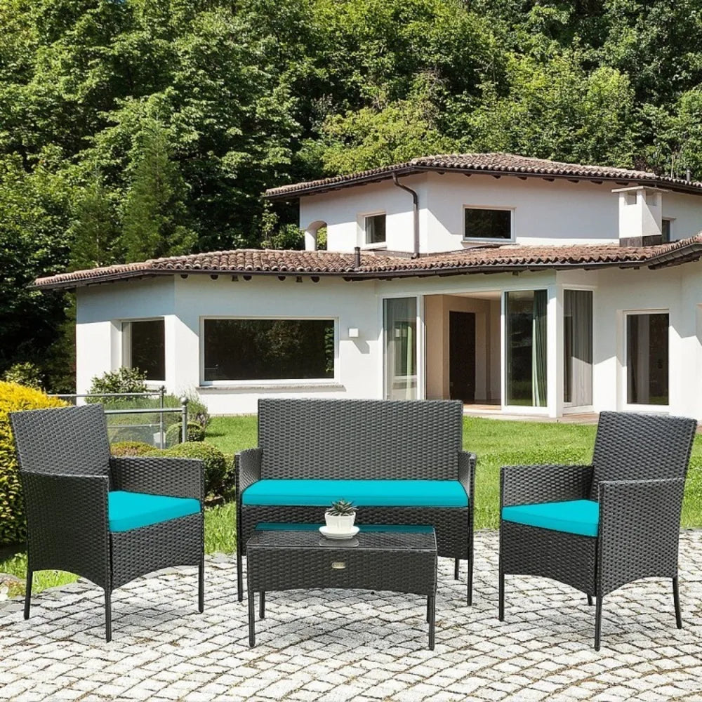 4 Pcs Patio Rattan Cushioned Sofa Furniture Set With Tempered Glass Coffee Tabl