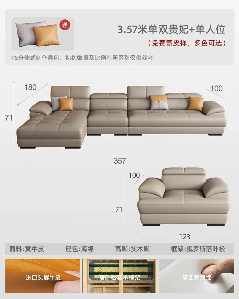 Nordic leather sofa with cowhide top layer, simple modern size, living room, Italian minimalist cream style leather sofa