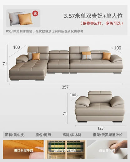 Nordic leather sofa with cowhide top layer, simple modern size, living room, Italian minimalist cream style leather sofa