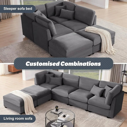 "large 125 inch u-shaped corduroy modular sofa with storage and 6 convertible seats"