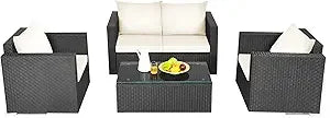 4 Piece Patio Rattan Conversation Furniture Set, Outdoor Wicker Sofa Set with Padded Cushion & Tempered Glass Coffee Table, Wic