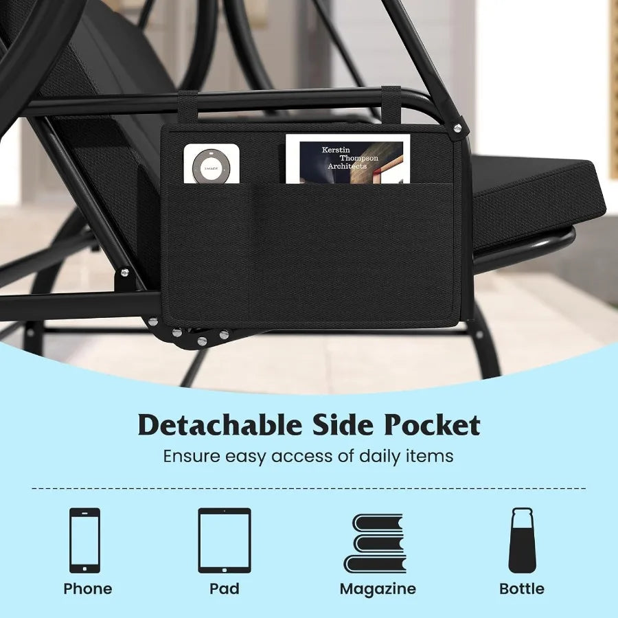 3 Person Porch Swing 2in1 Convertible Outdoor Swing with Adjustable Canopy Removable Cushions Metal Frame Side Pockets for Bac