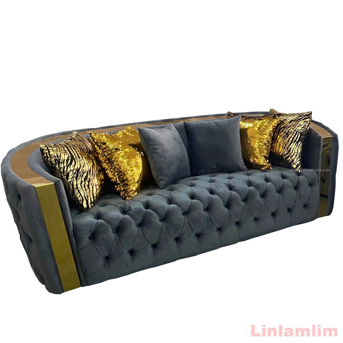 Chesterfield Living Room Sofa Sets Italian Genuine Leather Sectional Couch with Leather Buttons, Stainless Steel Trims