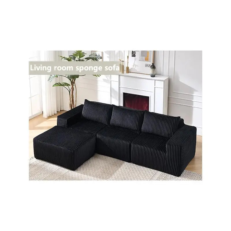 Modern Minimalist L-Shape Modular Fabric Sectional Sofa with Deep Seats, Right-Facing Chaise for Living Room - Black Cloud
