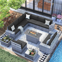 Hot-Sell! 13 Piece Patio Furniture Set with Fire Pit Table, 8''Wide Armrest Modular Rattan Outdoor Sectional Sofa Set,Grey/Black