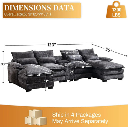 Sectional Sofa Cloud Couch for Living Room, 123" Modern Fluffy Chenille U Shaped Couch, with Storage Console & Cup Holders