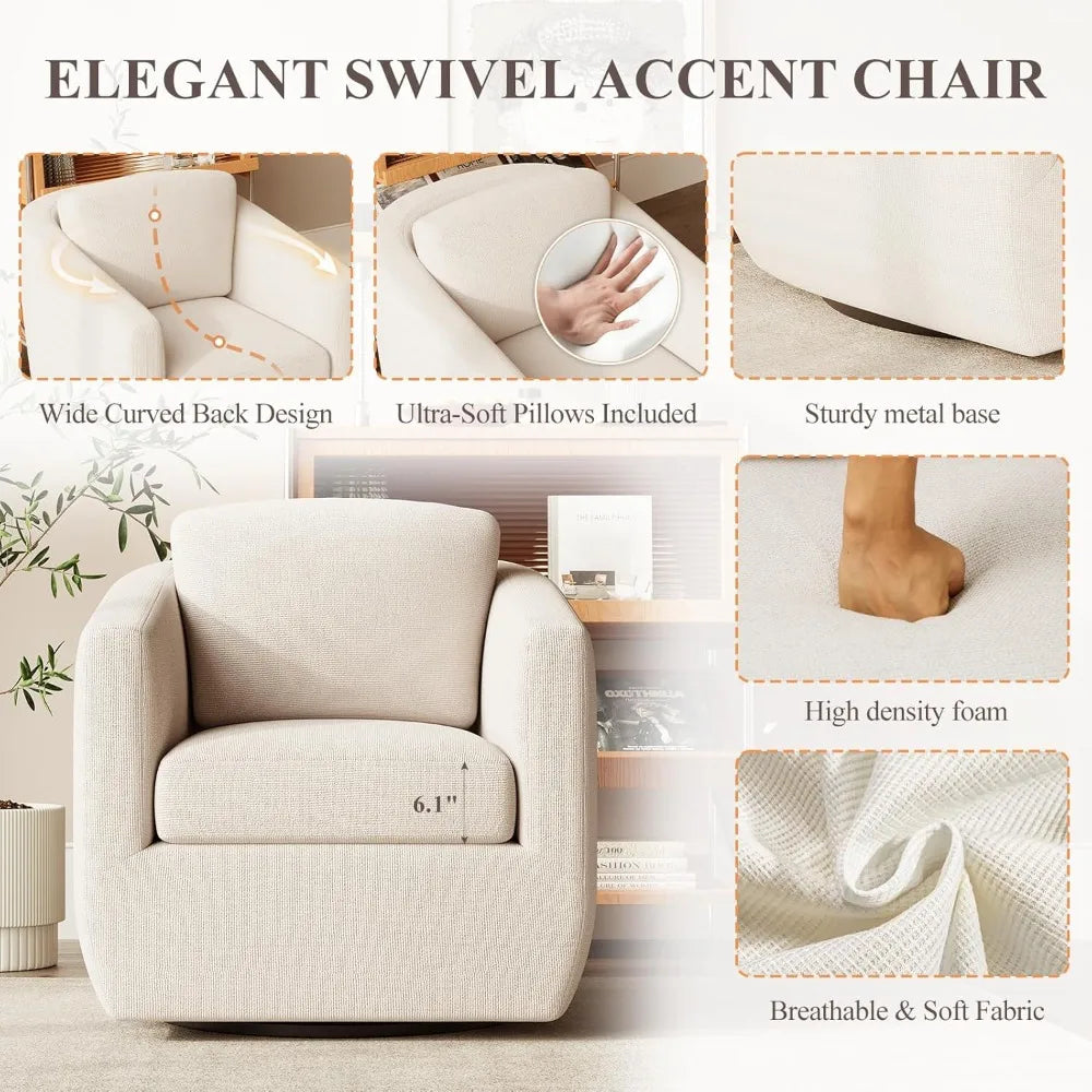 360° Swivel Accent Chair with Pillow - Comfy Living Room Armchair No-Sag Foam & Sturdy Metal Base, Fully Assembled Swivel Accen