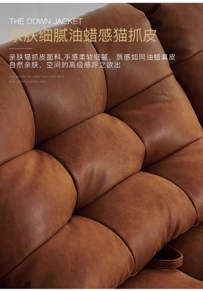 Retro oil wax leather sofa, small apartment living room straight row sofa, large sitting depth movable backrest medium ancient