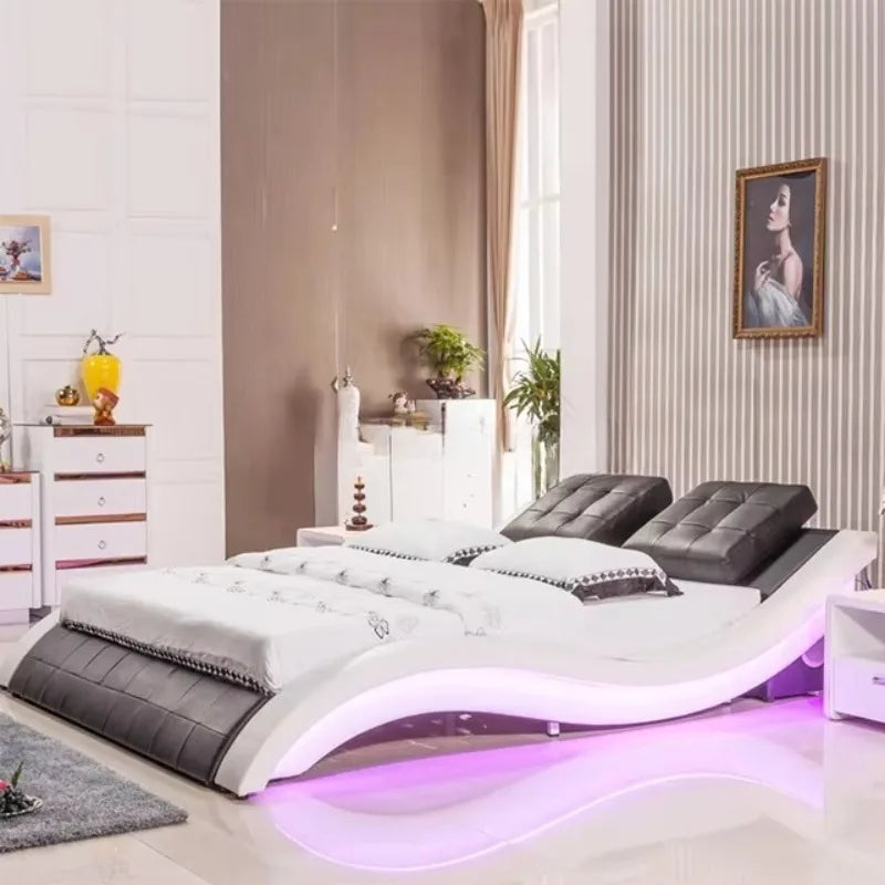 Bedroom furniture leather bed with blue led lights and music therapy bed A021