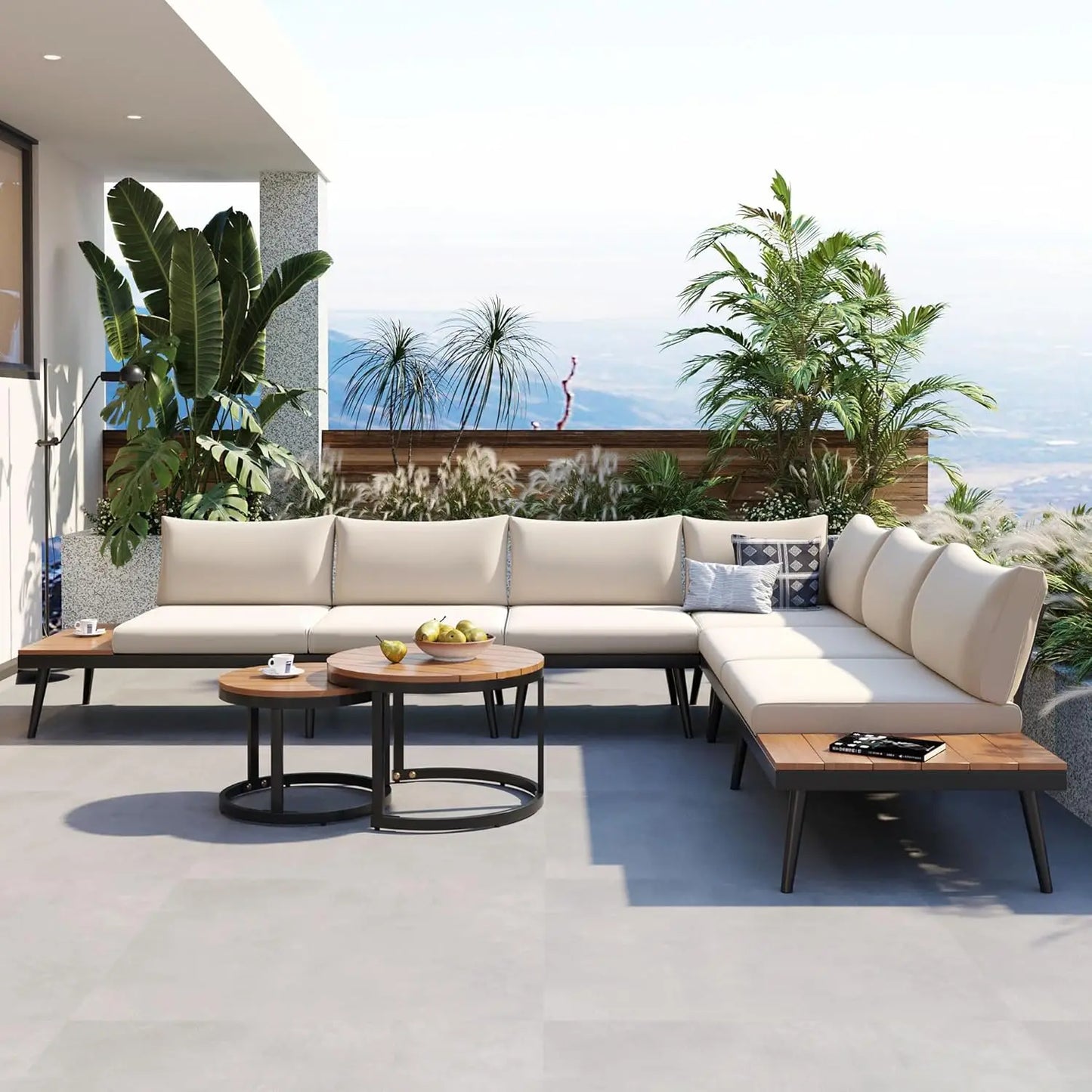 Acacia Wood 4pc Outdoor Sectional Sofa Set with Cushions and Slatted Design - Modern Patio, Deck & Garden Seating, Customized