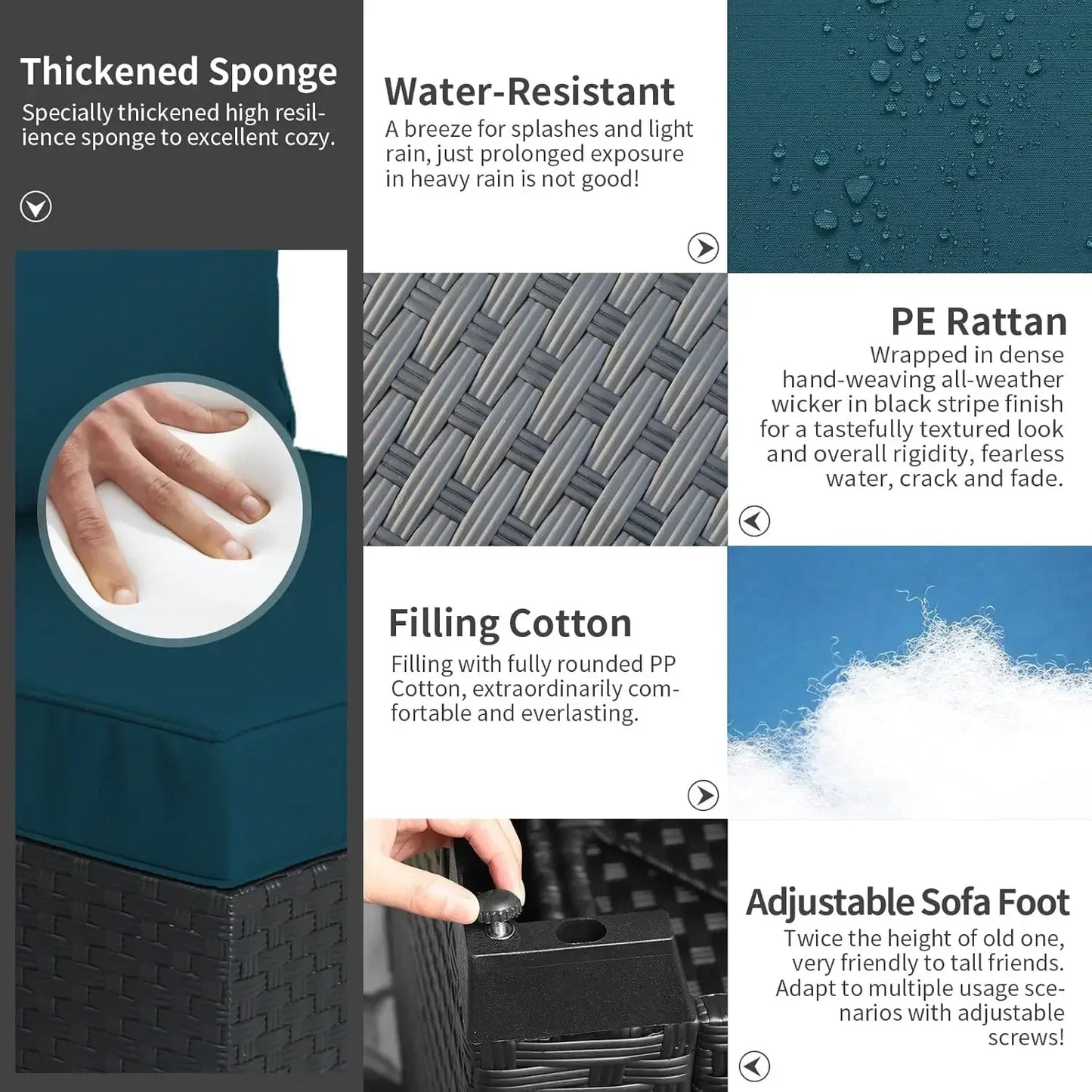 Customizable Patio Furniture Set 6 Pieces Couch Outdoor Chairs Coffee Table Peacock Blue Anti-Slip Cushions and Waterproof Cover