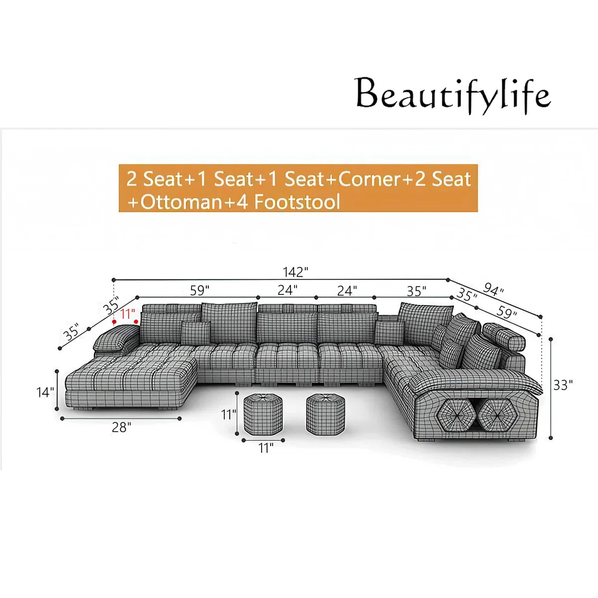 SS U-Shape Sectional Couch Fabric Upholstered Sofa Couches Sectional Couches For Living Room 7 Seater Modern Sectional Sofa