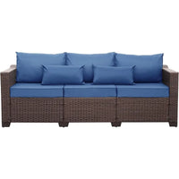 3-Seat Patio Wicker Sofa, Outdoor Rattan Couch Furniture Steel Frame with Furniture Cover and Deep Seat High Back, Blue