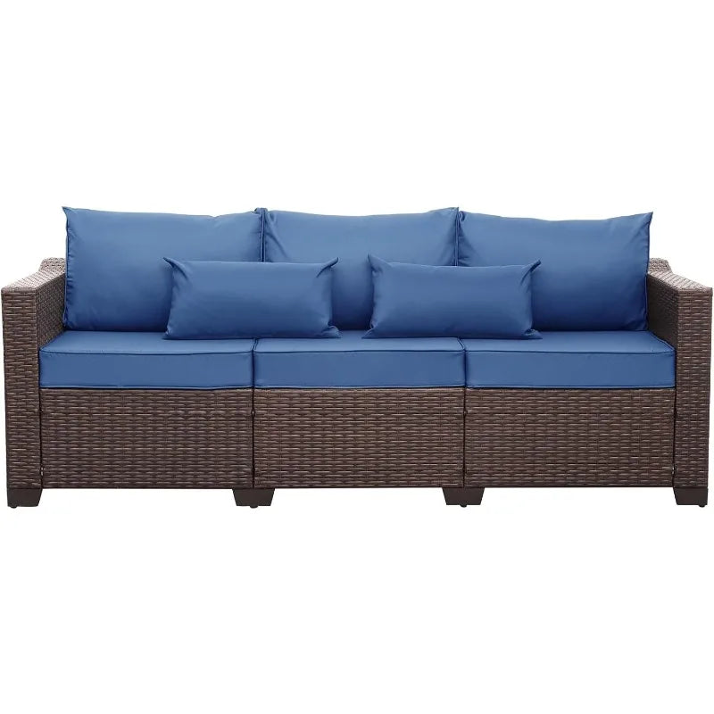3-Seat Patio Wicker Sofa, Outdoor Rattan Couch Furniture Steel Frame with Furniture Cover and Deep Seat High Back, Blue