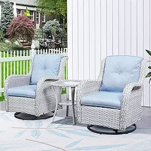 Chair Outdoor, Patio Bistro Furniture Conversation Set, Cushioned Wicker Chair with Glass Coffee