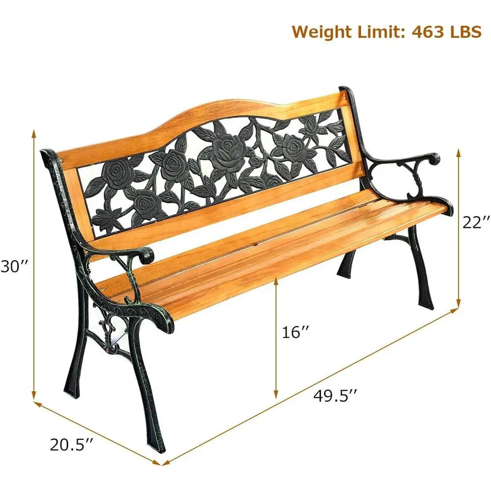 50 Outdoor Patio Bench, Cast Iron & Hardwood Loveseat, Weather-Resistant 2-Person Porch Furniture
