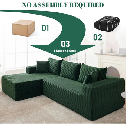 Green L-Shaped Chaise Sectional Sofa, Comfortable Deep Seated Modular Couch for Living Room, No Assembly Needed