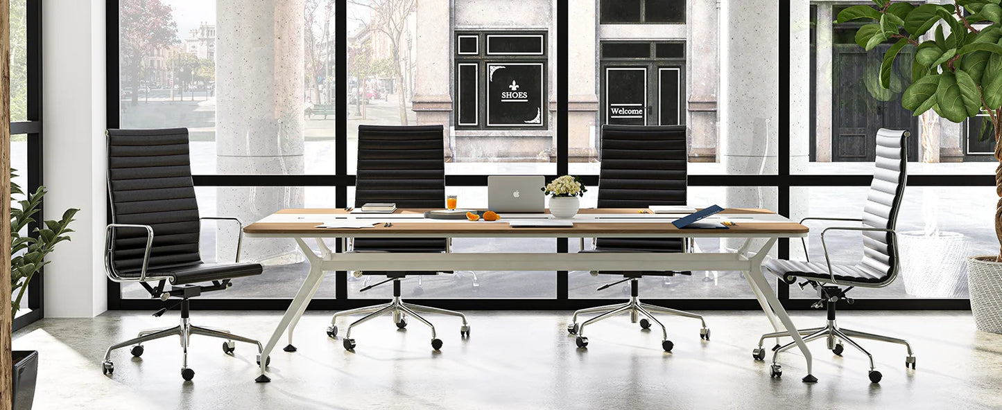 High Back Ribbed Genuine Leather Office Chair Adjustable Ergonomic Computer Chair with Aluminium Alloy Frame  Swivel Chair