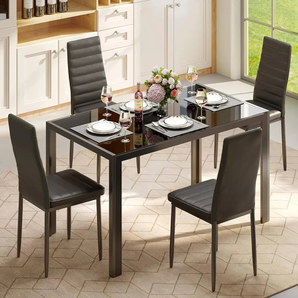 5-Piece Glass Dining Table Set with PU Leather Chairs for 4, Modern Kitchen Living Room Furniture