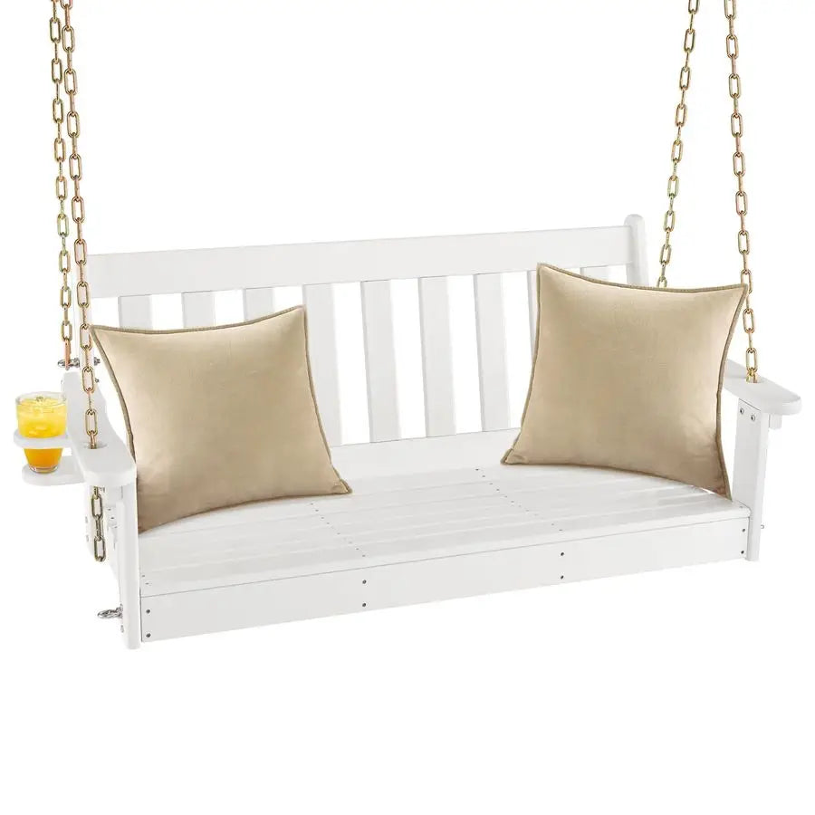 2 Person Hanging Porch Swing, Outdoor Bench Swing with Adjustable Chains, Hidden Cup Holder, HDPE Tree Swing Chair for Patio Ba