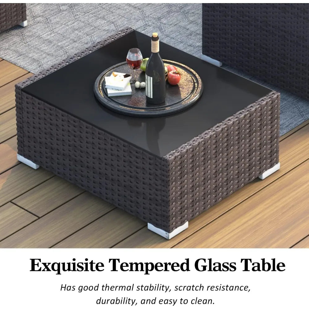 brown rattan outdoor patio furniture set with 44" fire pit and sectional sofa for conversation